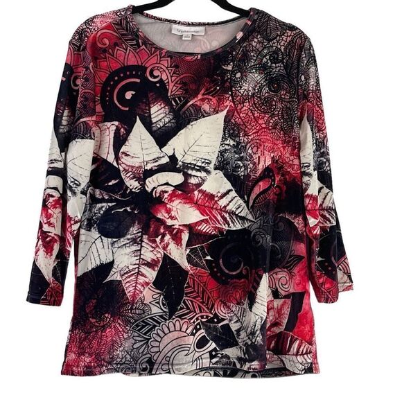 Breckenridge Women's Damask Floral Long Sleeve Tunic Top Red Medium - Picture 1 of 10